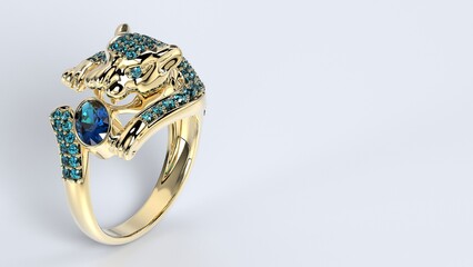 beautiful male or female tiger or panther or leapord or wild cat or lion ring color stones yellow or rose or white gold or platinum 3d render