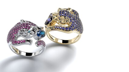 beautiful male or female tiger or panther or leapord or wild cat or lion ring color stones yellow or rose or white gold or platinum 3d render