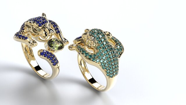 beautiful male or female tiger or panther or leapord or wild cat or lion ring color stones yellow or rose or white gold or platinum 3d render