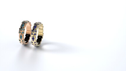 beautiful female ring color gem stone rose or yellow or white gold or platinum 3d render
