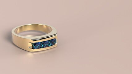 beautiful female ring color gem stone rose or yellow or white gold or platinum 3d render