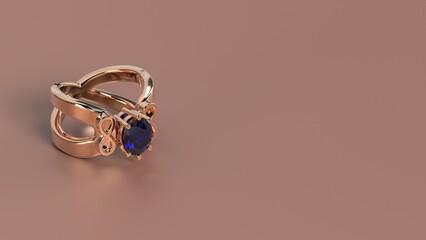 beautiful female ring color gem stone rose or yellow or white gold or platinum 3d render