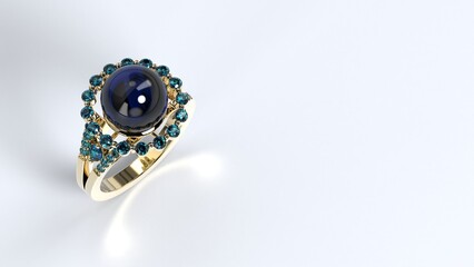 beautiful female ring color gem stone rose or yellow or white gold or platinum 3d render