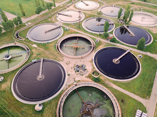 Aerial view wastewater treatment plant, sedimentation basin for recycle dirty sewage water