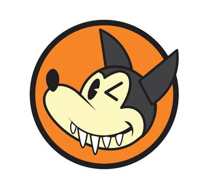 Vintage cartoon style mascot head of a winking wolf with large teeth. Retro logo, sticker label design, vector illustration