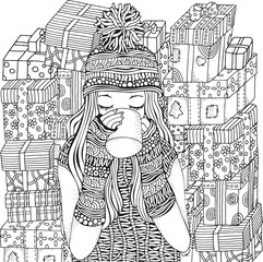 Winter girl and cup of coffee. Holiday gifts. Adult Coloring book page. Hand-drawn vector illustration. Pattern for coloring book. Zentangle.  For adult and children.