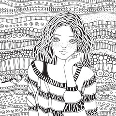 Fototapeta na wymiar Cute girl in a striped sweater. Coloring book page for adult. Artistically ethnic pattern. Black and white. Doodle, zentangle style.