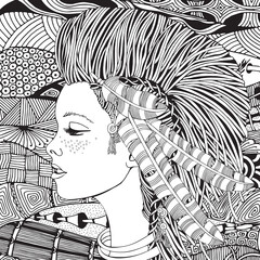 Young beautiful girl. American Indian woman. Feathers. Black and white tribal ethnic pattern. Hand-drawn, doodle, aztec, abstract, zentangle, tribal design elements. 