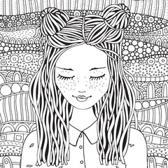Cute girl. Coloring book page for adult and children. Black and white. Doodle, zentangle style. 