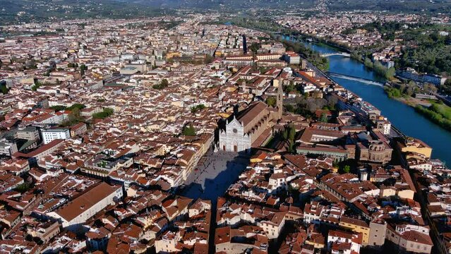 Basilica of Santa Croce, Florence, Italy. Santa Croce Neo-Gothic Franciscan church is one of the main landmarks of the city. Aerial scenic view of famous renaissance architecture in Tuscany.