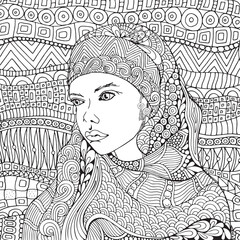 Arabic muslim woman. Hijab. Coloring book page for adult. Black and white. Doodle, zentangle style. Artistically ethnic pattern.