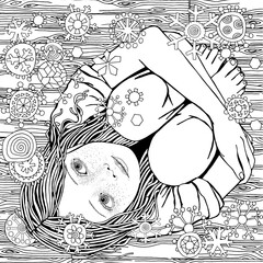 The little girl is sitting on the wooden floor. Snowing.  Snowflakes fall. Black and white doodle coloring book page for adults and children.