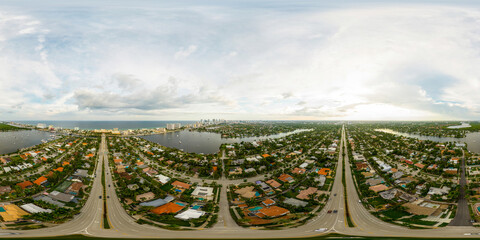 Aerial 360 spherical photo Hollywood Boulevard Florida upscale residential neighborhood lakes