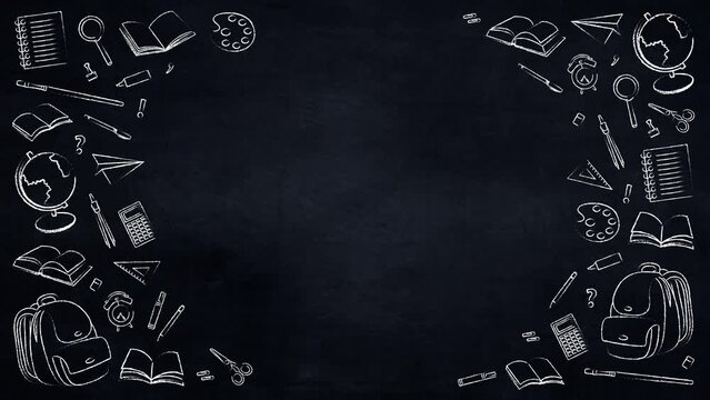 Creative banner Back to school. Animated banner design with black school board and white chalk drawings