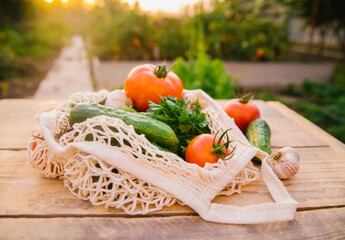 Fresh juicy vegetables, products in a reusable shopping bag, a string bag made of recycled materials, on a wooden table in the garden. Vegetarianism. No plastic. Eco-friendly lifestyle.