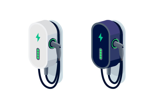 Electric car small home wall charger with cable. Fast smart intelligent wallbox ev charging station. Isolated vector illustration on white background. Power solution for electric battery vehicle.