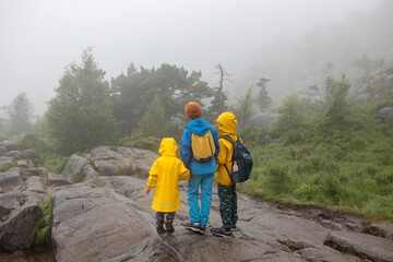 Family, enjoying the hike to Preikestolen, the Pulpit Rock in Lysebotn, Norway on a rainy day, toddler climbing with his pet dog the one of the most scenic fjords