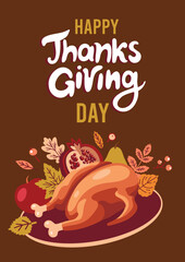 Happy thanksgiving day poster and card template with turkey and fruits