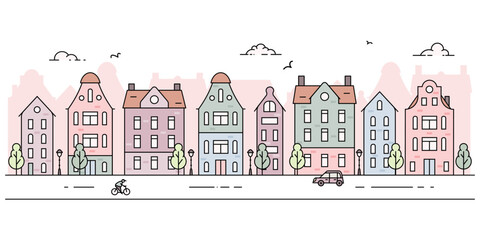 Simple panorama of european town landscape with old buildings. Vector illustration in line flat style