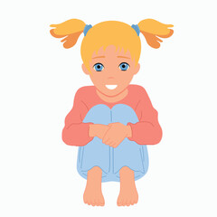 Little girl is sitting. hugging her knees. Smile and good mood.