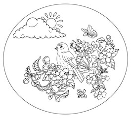 Illustration. Bird on a branch with cloud and sun in a round frame. Coloring book. Antistress for adults and children. The work was done manually. Black and white.