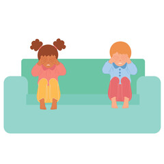 A boy and a girl are sitting on the couch and crying. Child protection, domestic violence.