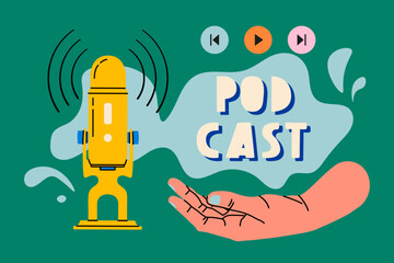 Microphone, hand, splash, letter icons. Podcast recording and listening, broadcasting, online radio, audio streaming service concept. Hand drawn vector isolated illustrations