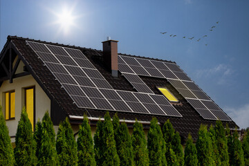 Roof covered with solar panels on modern house .