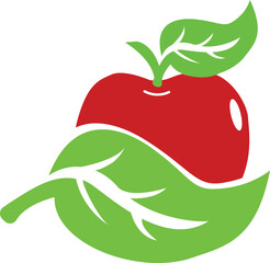 Red apple fruit with green leaves, logo, icon. Green food logo. Eco food icon. Diet icon. Eco-friendly