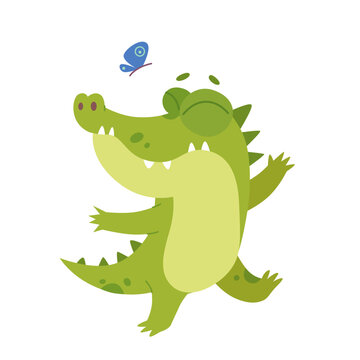 Cute green crocodile character dancing with flying butterfly together, happy dance