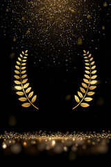 Gold laurel wreath and falling glitter vector illustration. Realistic movie award, golden dust in festive glamour holiday poster, confetti rain from shiny particles on black background