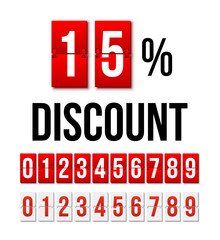 Discount special offer, poster template for season sales in store vector illustration. Black up to 15 percent off text with mechanical scoreboard, collection of red and white flip numbers from 0 to 9