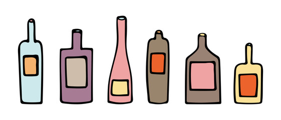 Vector illustration of a set of colored bottles of different shapes with labels. Hand drawn icon and symbol for web, menu, print, poster, sticker, card design. Doodle design elements. 