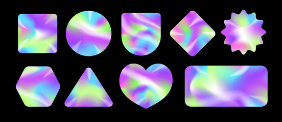 Holographic sticker set different shape colorful modern style isolated on black background vector 10 eps