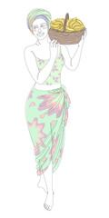 Silhouettes of a girl in a headscarf. The lady is holding a basket of bananas in her hands. Woman in modern one line style. Solid line, decor outline, posters, stickers, logo. vector illustration.