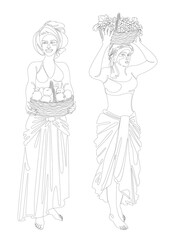 Collection. Silhouettes of a girl in a headscarf. The lady is holding a basket of grapes and apples in her hands. Woman in modern one line style. Solid line, outline, logo. Vector illustration, set.