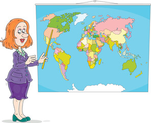 School teacher pointing to counties on a World map and describing about them