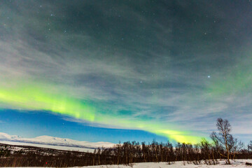 Northern Lights in Lapland. in Abisko in Sweden. Colors in the sky and in the snow