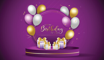 Happy birthday colorful banner template design with decorative ballon and golden confetti on background.