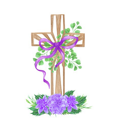 Purple Dahlia floral cross. Easter illustration. Watercolor Wedding Cross. Baptism