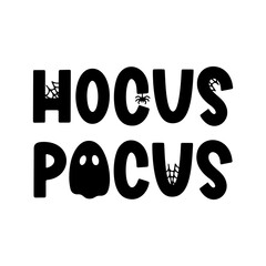 Hocus pocus - groovy vector Halloween quote with spider, ghost and cobweb. Trendy spooky saying for Halloween design, fall decorations, prints. Vector illustration isolated on white