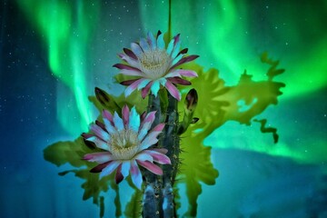 Montaje de flores de cactus cereus sobre fondo de aurora boreal.
