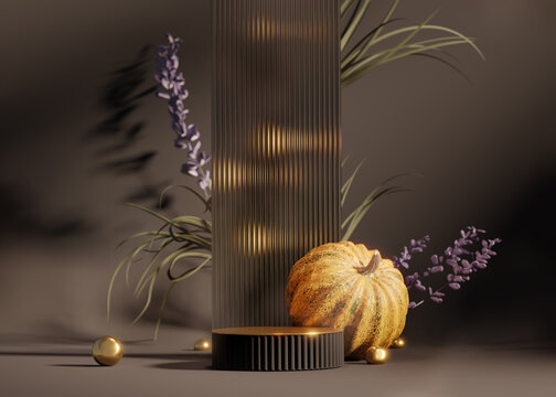 3D brown background. Podium display with orange pumpkin. Autumn heather nature composition. Cosmetic, beauty product pedestal. Fall, gold stand with  shadow. Dark Halloween  Abstract 3D render mockup