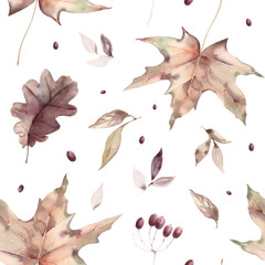 Watercolor Seamless Pattern Background with Autumn Leaves and Berries