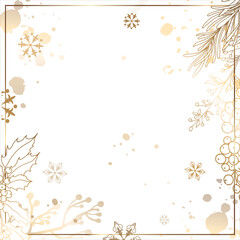 Gold square frame with branches of berries and flowers with snowflakes. White background and place for text. Vector