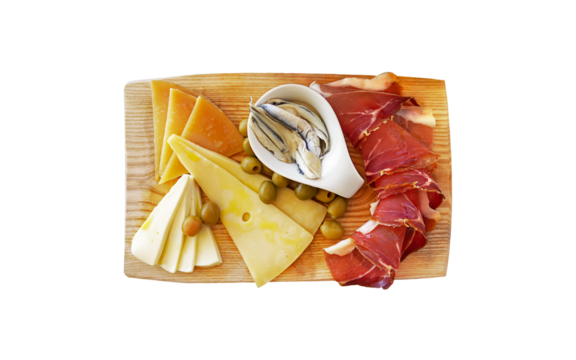 Isolated wooden board with ham, different kind of cheese, capers in a pickle and olives on a transparent background. Croatian traditional food, Dalmatian plate.  Mediterranean meal 