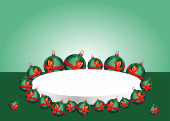 Watercolor green Christmas balls. Red ribbon. Empty stage or podium.