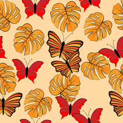 Floral colorful seamless pattern. Tropical plants monstera and butterfly. Prints, packaging template, textiles, bedding and wallpaper. Groovy