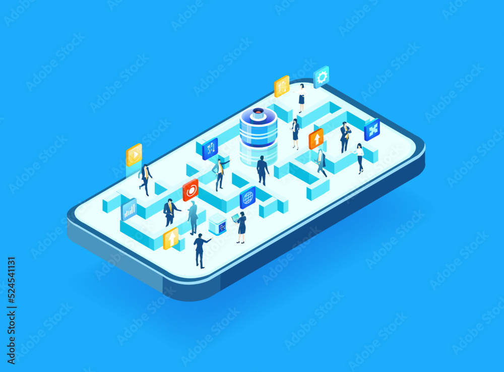 Wall mural isometric business concept environment, business people working in labyrinth. solving problems, fina