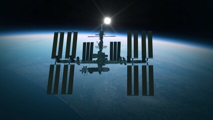 ISS orbiting around the Earth. Side view of the International Space Station